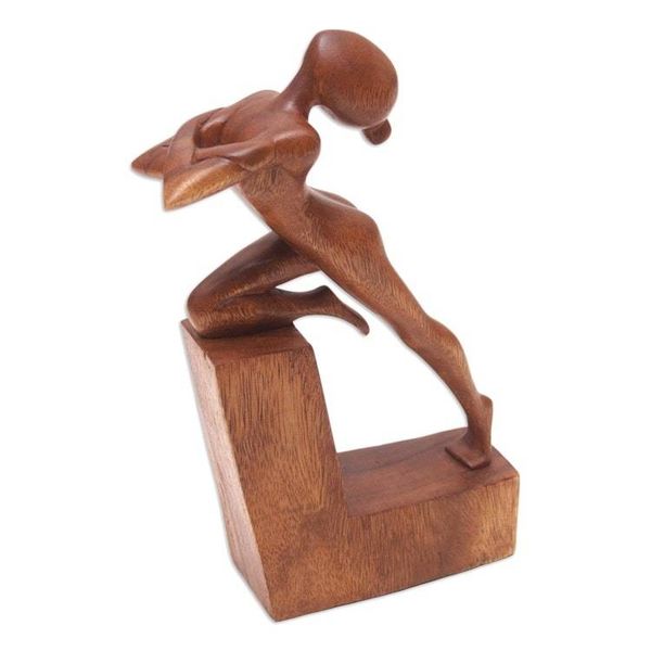 Alternate image for Hand-Carved Brown Suar Wood Sculpture of Flexing Woman Free Beauty