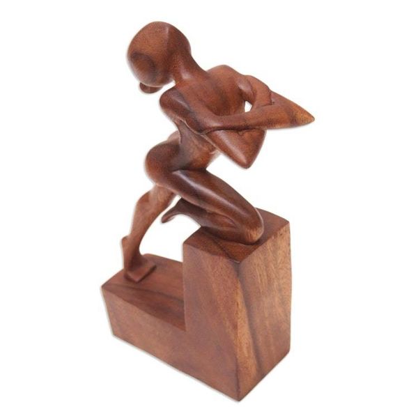 Alternate image for Hand-Carved Brown Suar Wood Sculpture of Flexing Woman Free Beauty