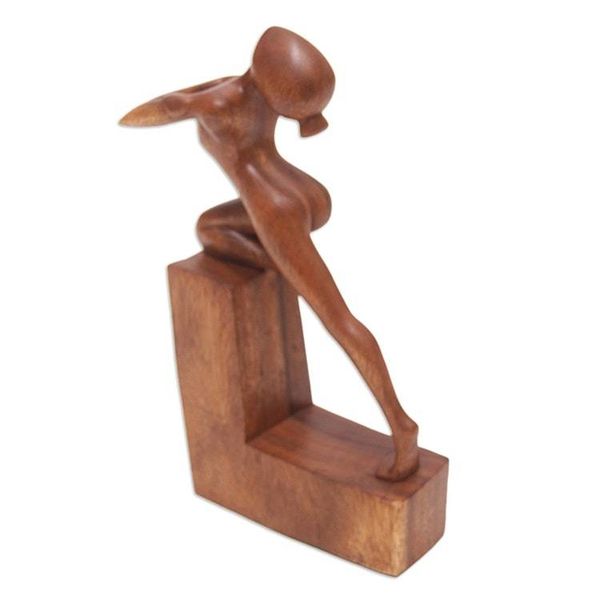 Alternate image for Hand-Carved Brown Suar Wood Sculpture of Flexing Woman Free Beauty