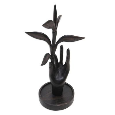 Alternate image for Hand Carved Wood Jewelry Stand with Leaf Motif Plucking Dreams