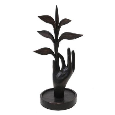 Alternate image for Hand Carved Wood Jewelry Stand with Leaf Motif Plucking Dreams