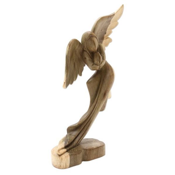 Alternate image for Balinese Hibiscus Wood Sculpture with Angel Motif Angels Blessing