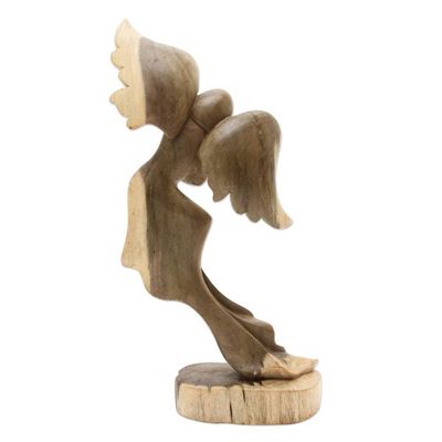 Alternate image for Balinese Hibiscus Wood Sculpture with Angel Motif Angels Blessing