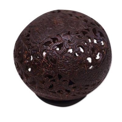 Alternate image for Dark Brown Carved Coconut Shell with Ganesha and a Dragon Dragon and Ganesha