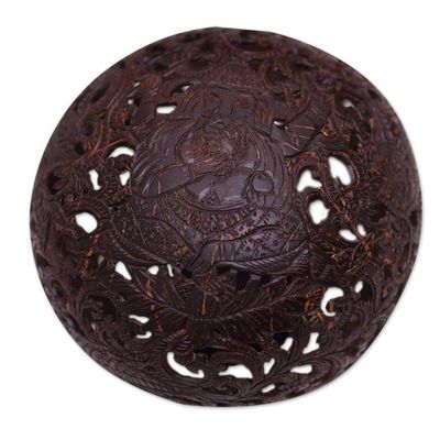 Alternate image for Dark Brown Carved Coconut Shell with Ganesha and a Dragon Dragon and Ganesha