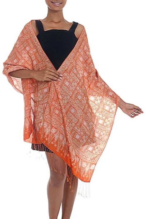 Alternate image for Silk Shawl with Tangerine Geometric Motifs from Indonesia Parang Puzzle
