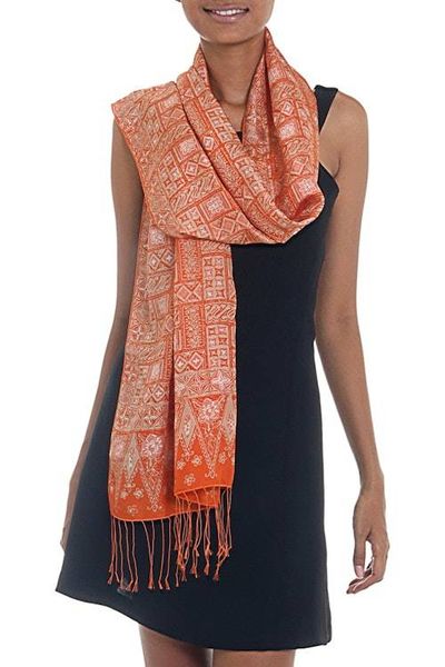 Alternate image for Silk Shawl with Tangerine Geometric Motifs from Indonesia Parang Puzzle