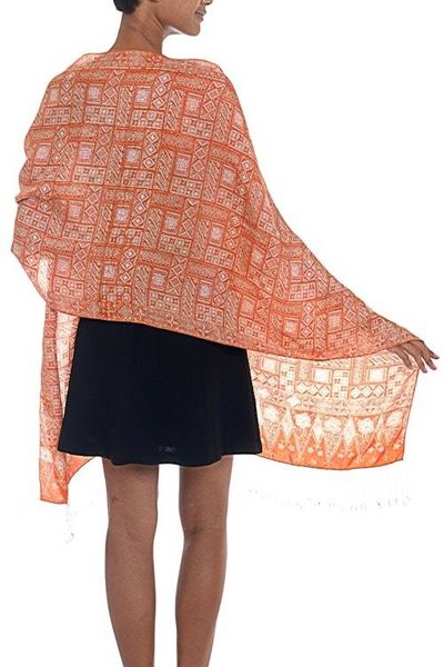 Alternate image for Silk Shawl with Tangerine Geometric Motifs from Indonesia Parang Puzzle