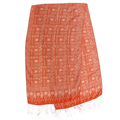 Alternate image for Silk Shawl with Tangerine Geometric Motifs from Indonesia Parang Puzzle