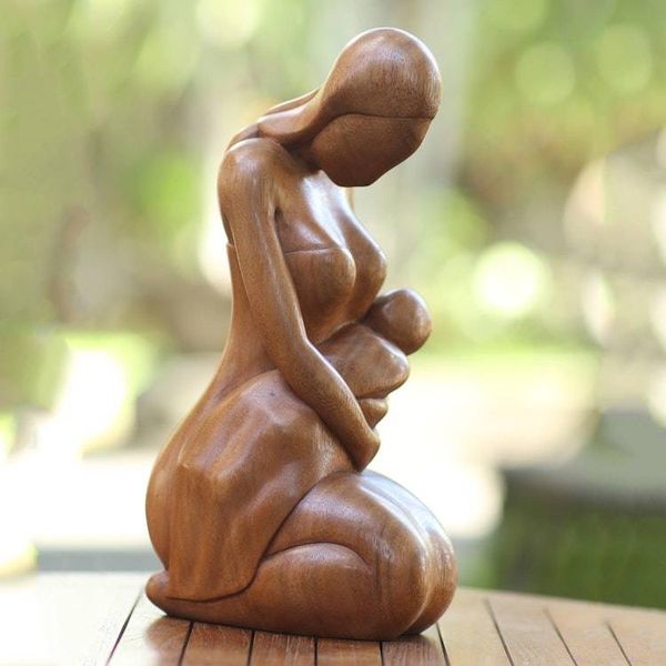 Alternate image for Mother and Child-Themed Suar Wood Sculpture from Bali Care of a Mother