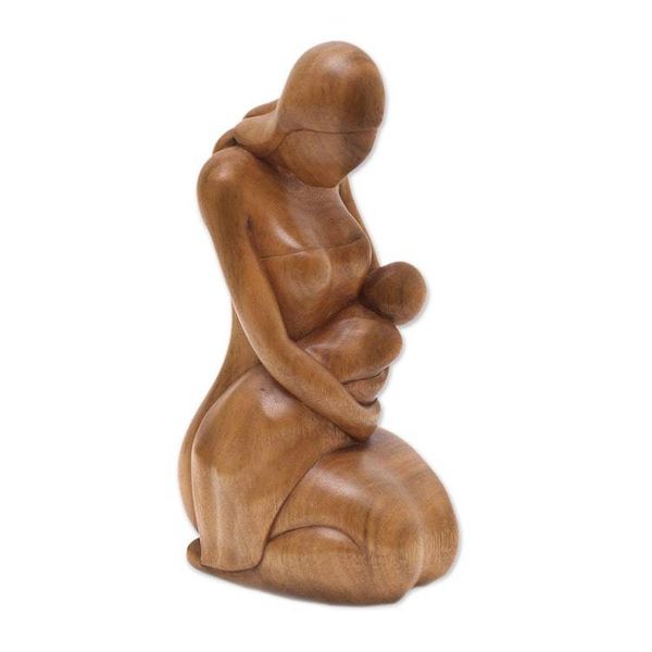Alternate image for Mother and Child-Themed Suar Wood Sculpture from Bali Care of a Mother