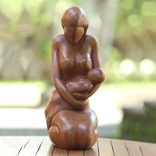 Alternate image for Mother and Child-Themed Suar Wood Sculpture from Bali Care of a Mother