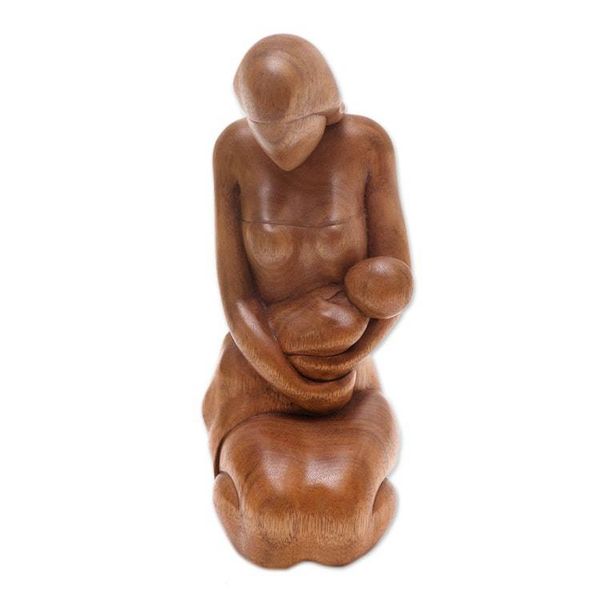 Alternate image for Mother and Child-Themed Suar Wood Sculpture from Bali Care of a Mother