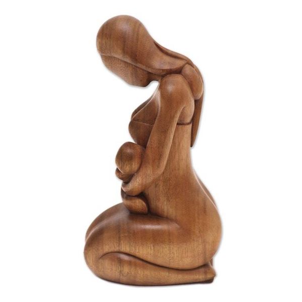 Alternate image for Mother and Child-Themed Suar Wood Sculpture from Bali Care of a Mother
