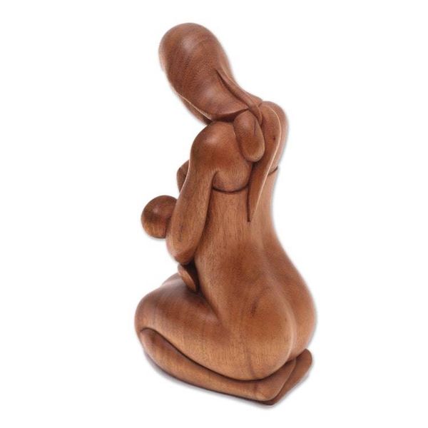 Alternate image for Mother and Child-Themed Suar Wood Sculpture from Bali Care of a Mother