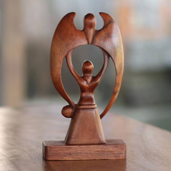 Alternate image for Suar Wood Scultpure of a Woman and Angel from Bali Woman and Angel