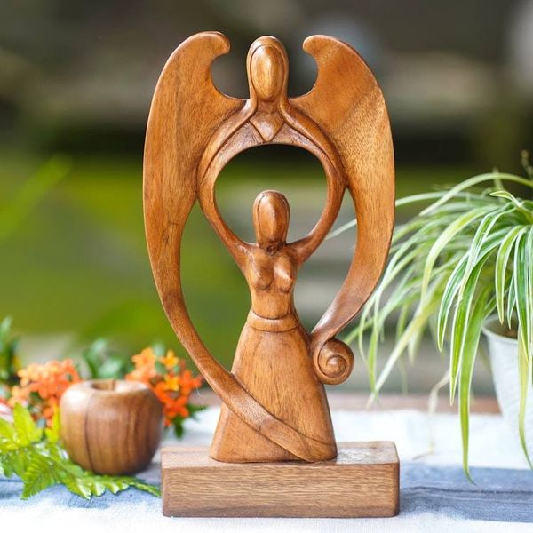 Alternate image for Suar Wood Scultpure of a Woman and Angel from Bali Woman and Angel