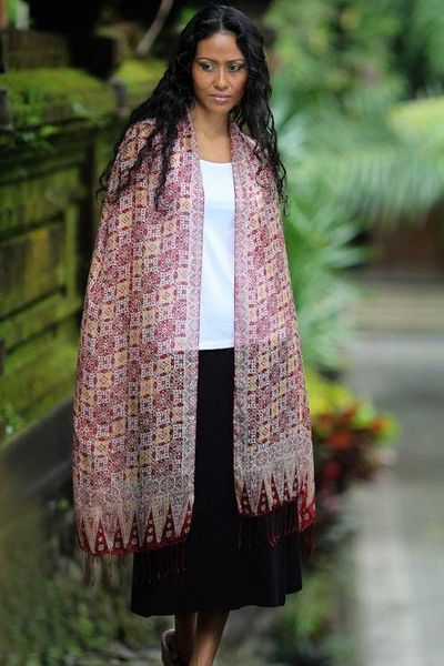 Primary image for Hand Crafted Batik Silk Shawl Red Lotus Floral
