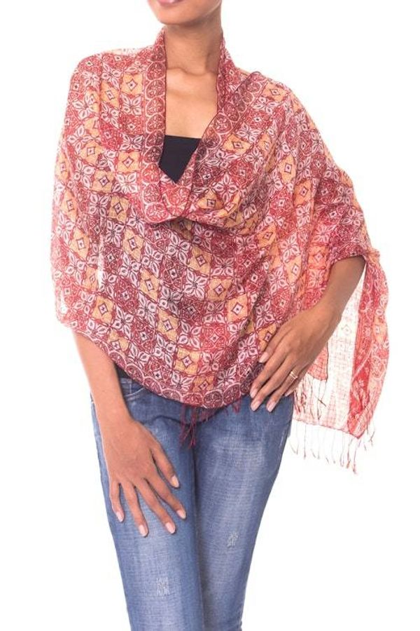 Alternate image for Hand Crafted Batik Silk Shawl Red Lotus Floral