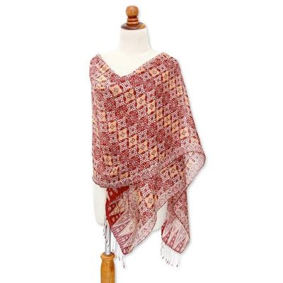 Alternate image for Hand Crafted Batik Silk Shawl Red Lotus Floral