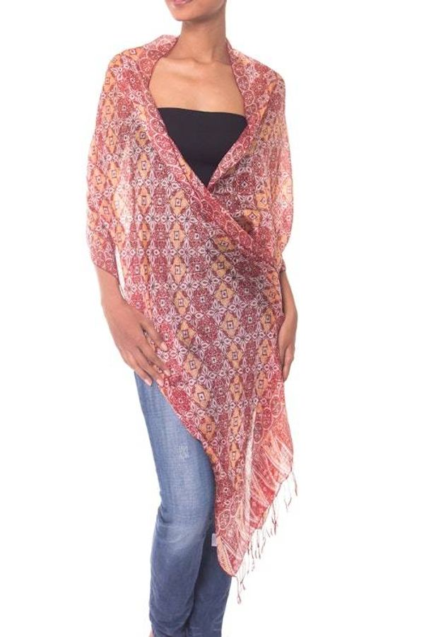 Alternate image for Hand Crafted Batik Silk Shawl Red Lotus Floral