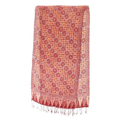 Alternate image for Hand Crafted Batik Silk Shawl Red Lotus Floral