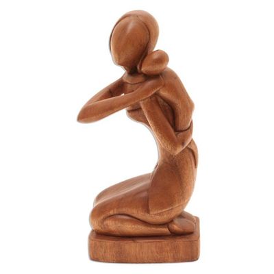 Alternate image for Suar Wood Mother and Child Sculpture from Bali Carrying Her Child