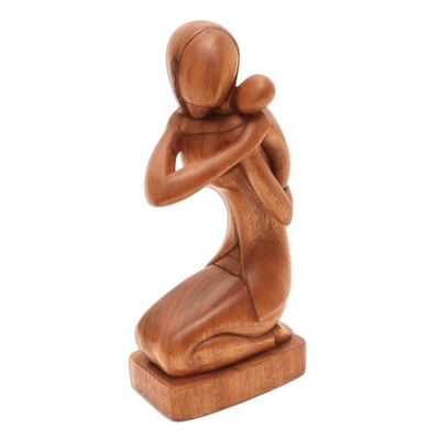 Alternate image for Suar Wood Mother and Child Sculpture from Bali Carrying Her Child