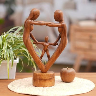 Primary image for Hand-Carved Parents and Child Blessing Suar Wood Statuette Our Blessing