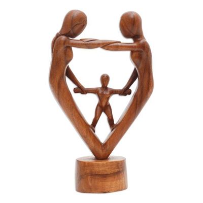 Alternate image for Hand-Carved Parents and Child Blessing Suar Wood Statuette Our Blessing