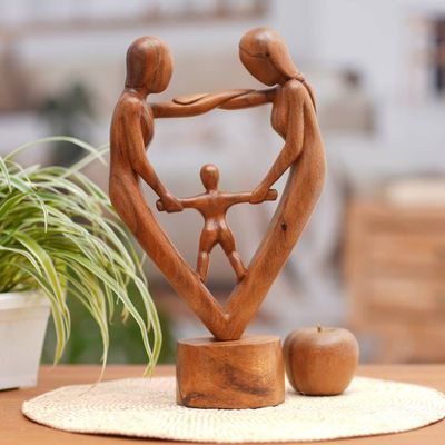 Alternate image for Hand-Carved Parents and Child Blessing Suar Wood Statuette Our Blessing