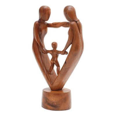 Alternate image for Hand-Carved Parents and Child Blessing Suar Wood Statuette Our Blessing