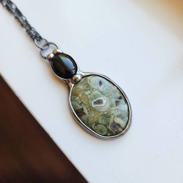 Alternate image for Sea Sediment Jasper & Black Onyx Necklace, Handmade Gemstone Pendant, Nature Inspired Jewelry