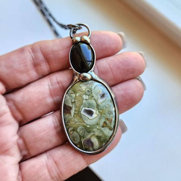 Alternate image for Sea Sediment Jasper & Black Onyx Necklace, Handmade Gemstone Pendant, Nature Inspired Jewelry