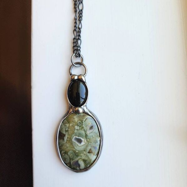 Alternate image for Sea Sediment Jasper & Black Onyx Necklace, Handmade Gemstone Pendant, Nature Inspired Jewelry