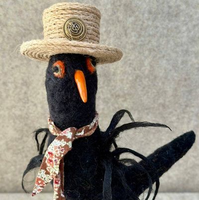 Alternate image for Black bird needle felted character named Blackthorn, an original gift with personality that will make you smile.