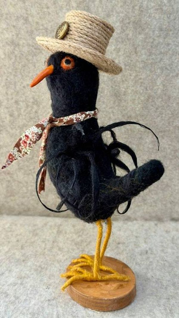 Alternate image for Black bird needle felted character named Blackthorn, an original gift with personality that will make you smile.