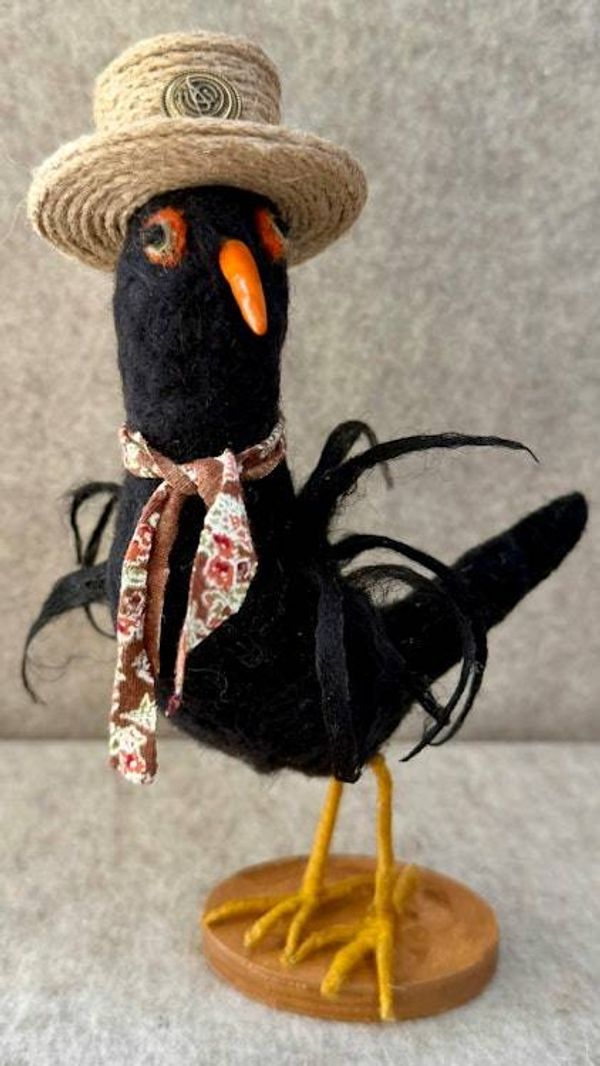 Alternate image for Black bird needle felted character named Blackthorn, an original gift with personality that will make you smile.