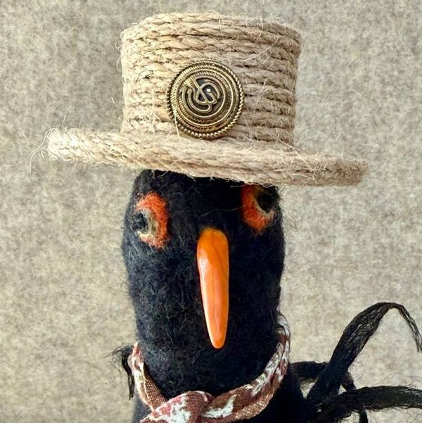 Alternate image for Black bird needle felted character named Blackthorn, an original gift with personality that will make you smile.
