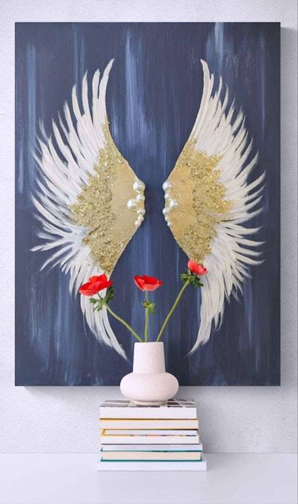 Alternate image for Glittering Hope | Original Angel Wings Canvas Painting | Gold Leaf White Wing Abstract Wall Art Modern Spiritual Artwork Living Room Decor