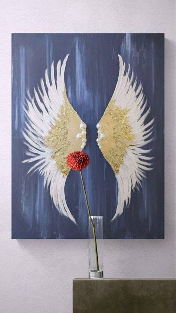 Alternate image for Glittering Hope | Original Angel Wings Canvas Painting | Gold Leaf White Wing Abstract Wall Art Modern Spiritual Artwork Living Room Decor