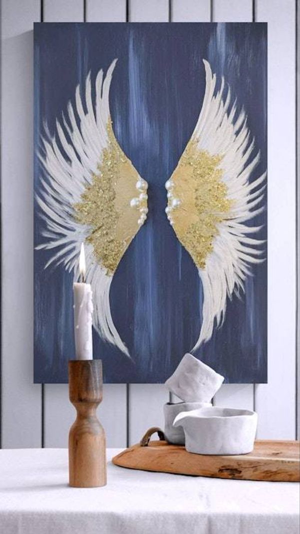 Alternate image for Glittering Hope | Original Angel Wings Canvas Painting | Gold Leaf White Wing Abstract Wall Art Modern Spiritual Artwork Living Room Decor