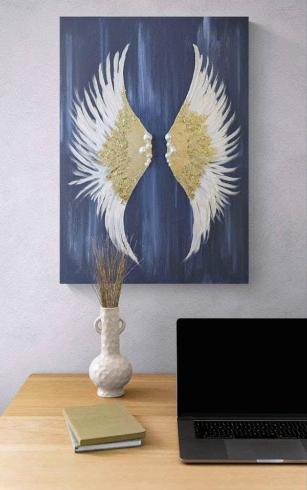 Alternate image for Glittering Hope | Original Angel Wings Canvas Painting | Gold Leaf White Wing Abstract Wall Art Modern Spiritual Artwork Living Room Decor