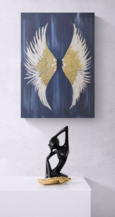 Alternate image for Glittering Hope | Original Angel Wings Canvas Painting | Gold Leaf White Wing Abstract Wall Art Modern Spiritual Artwork Living Room Decor