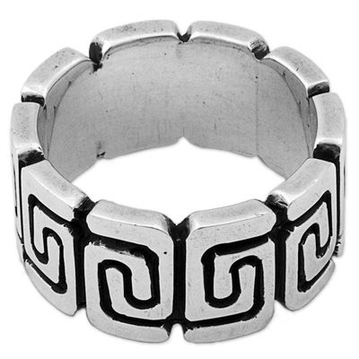 Alternate image for Sterling Silver Band Ring with Spiral Motifs Mexico Zapotec Spirals