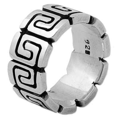 Alternate image for Sterling Silver Band Ring with Spiral Motifs Mexico Zapotec Spirals