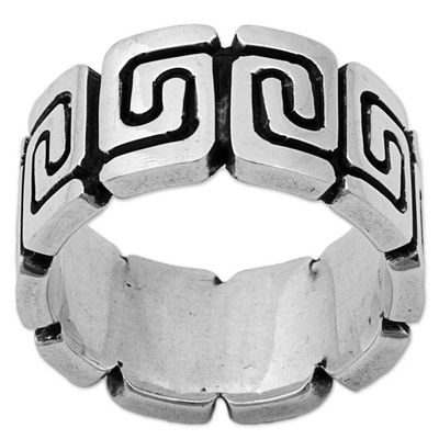 Alternate image for Sterling Silver Band Ring with Spiral Motifs Mexico Zapotec Spirals