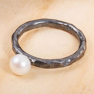 Primary image for Modern Oxidized Silver Cultured Pearl Ring Light in the Darkness