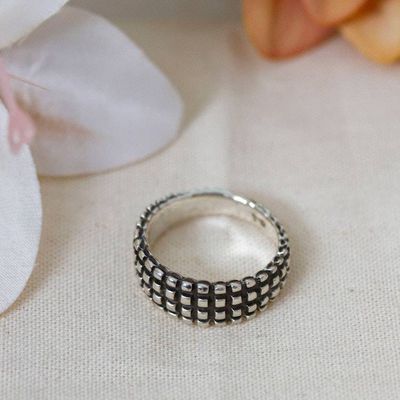 Alternate image for Taxco-Made Oxidized Polished Textured Silver Band Ring Textured Glamour