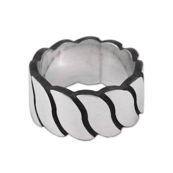 Alternate image for Mens Wave Motif Sterling Silver Band Ring from Mexico Shimmering Waves